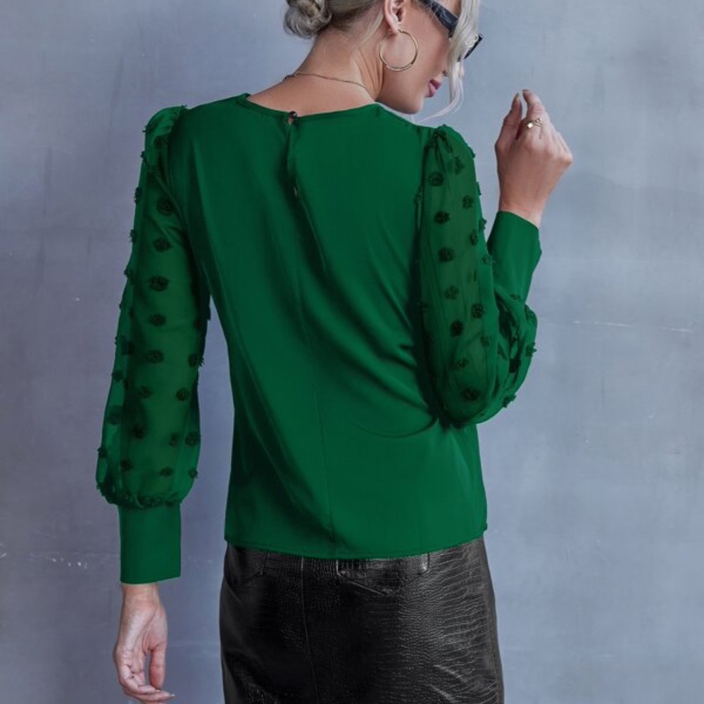 Navy blue Swiss Dot Sheer Sleeve Chic Blouse Work Minimalist - Picture 7 of 8